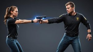 A man and a woman holding a stun guns at each other