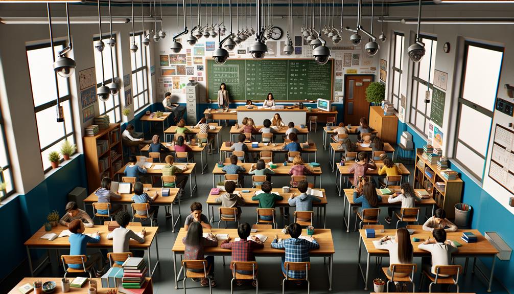 A classroom full of children with recording cameras on the ceiling