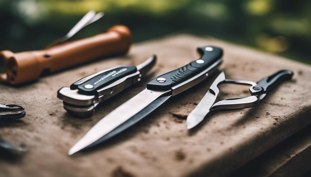 Pocket knives on top of a wooden table outside