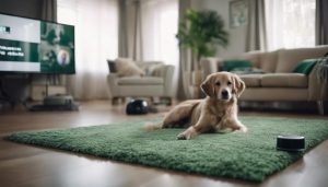 A dog laying down on top of a carpet in a living room.