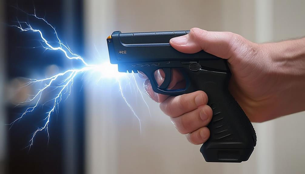 Hand holding stun gun flashing electrical charged.