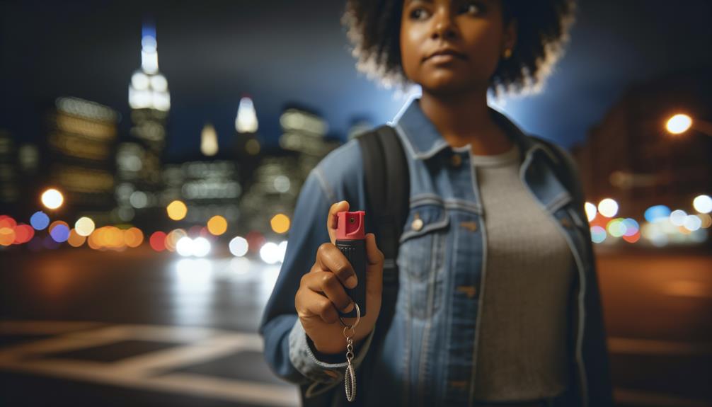 A woman holding a mace spray can ready to protect herself against an attacker