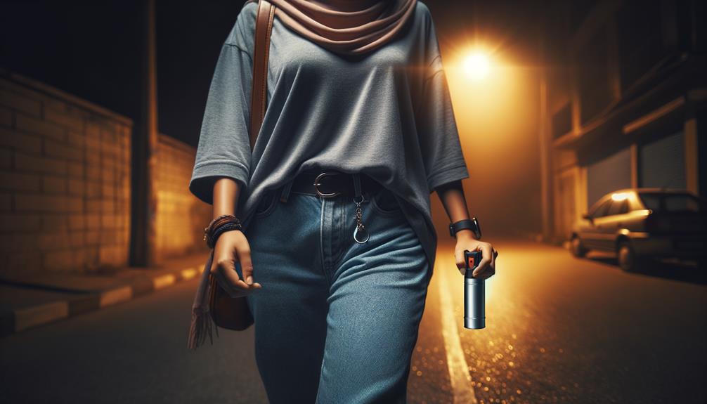 Woman walking alone in the street holding a can of mace spray at night