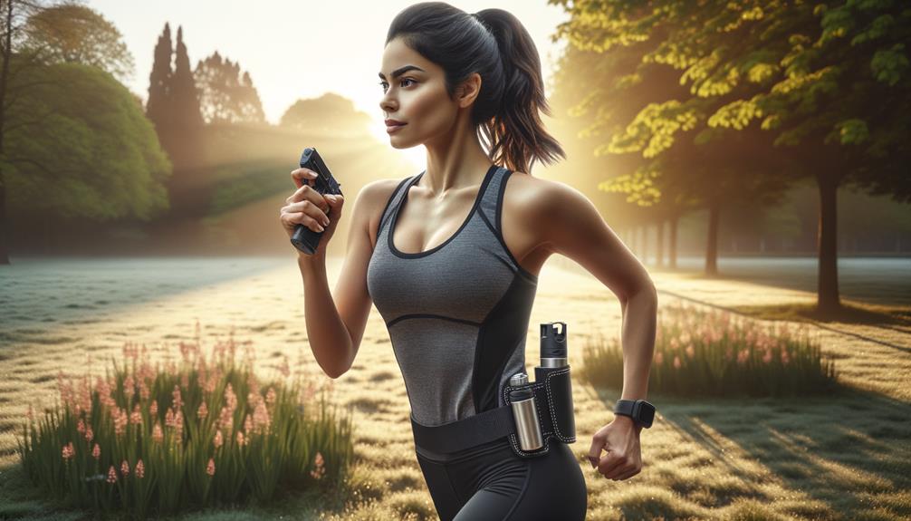 Woman running at a park with a mace pray on hand