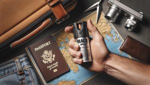 Mace spray being held by a hand in front of a passport