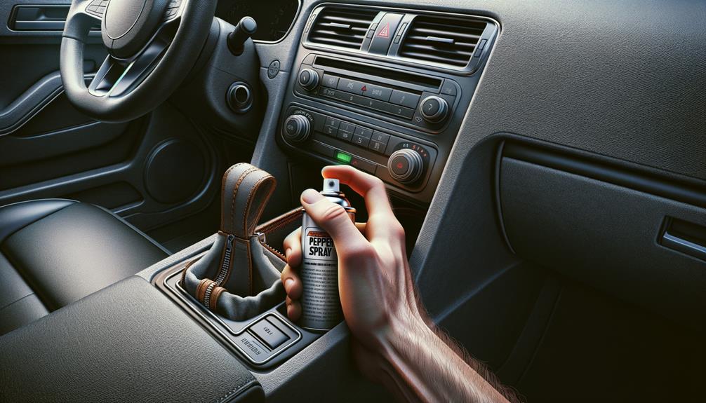 Mace pepper spray being held in hand inside a car