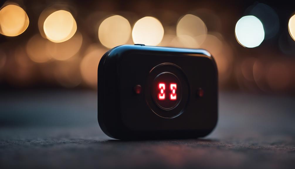 Small black personal alarm on top of a dashboard inside a car