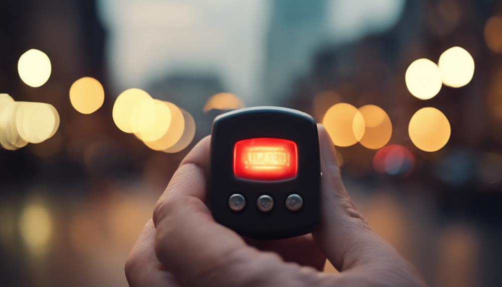 A hand holding a personal alarm in the middle of the street