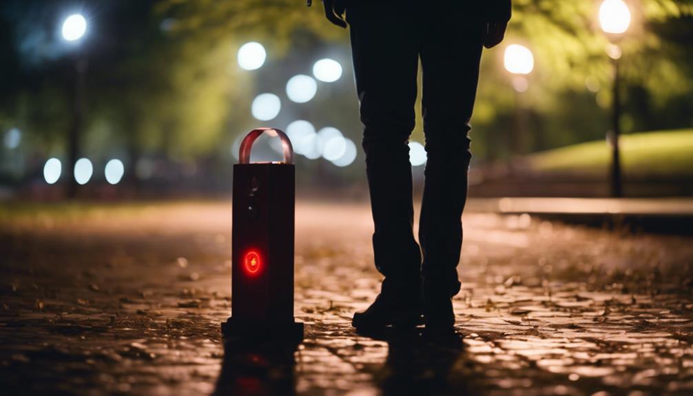 A personal alarm on top of the ground and a person walking behind it