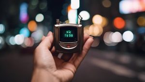 Hand holding a personal alarm outside at night