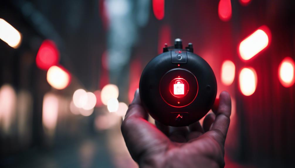 A photo of a personal alarm round, black and has a red light in the middle