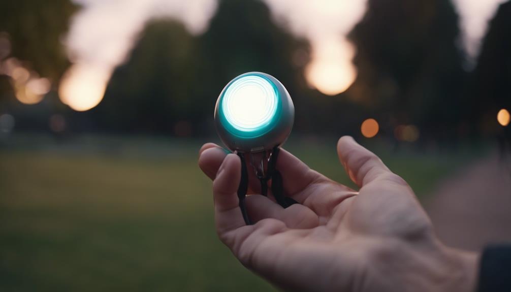 A hand holding a personal alarm outside