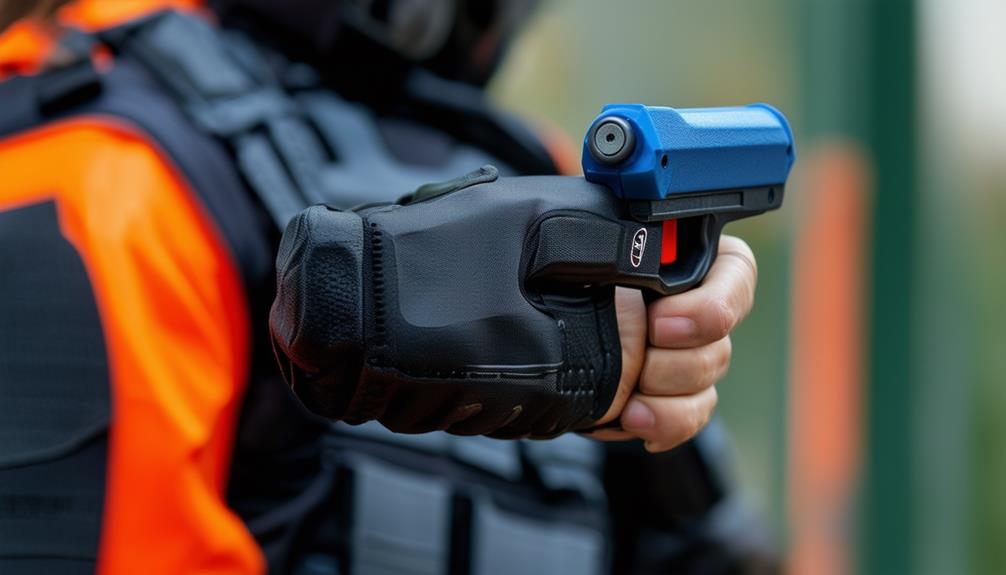 A police man holding a stun gun outside