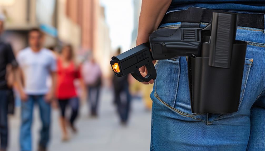 A man holding a black stun gun in the street