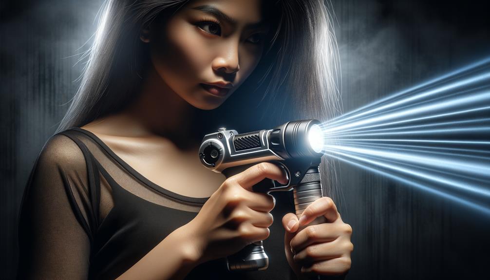 Women using stun gun with flashlight