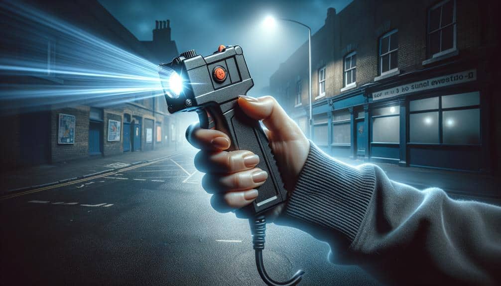 Hand holding discharging stun gun in the middle of the street
