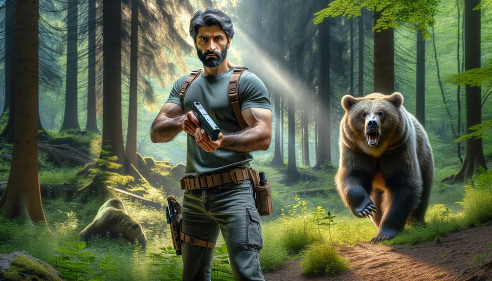 Man with stun gun protecting himself from a bear in the woods