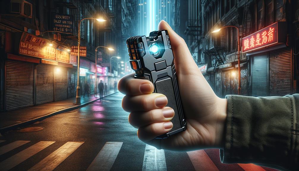 Hand holding stun gun in the middle of the street.