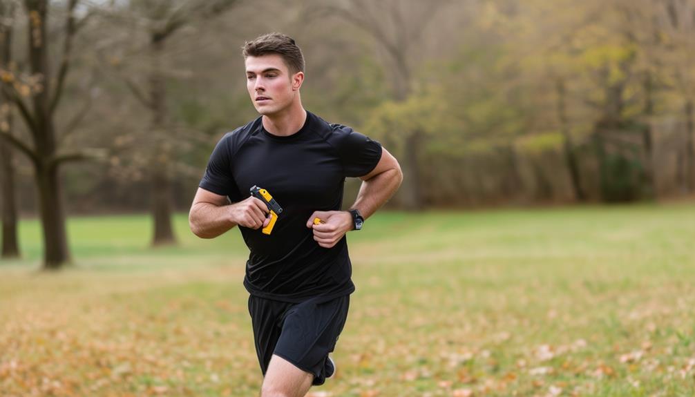 Man running at a park with stun gun