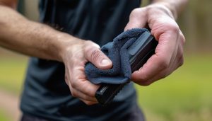 A man cleaning stun gun with a clothe outside