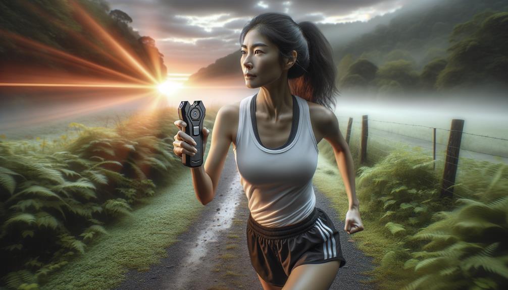 Woman discharging stun gun while running