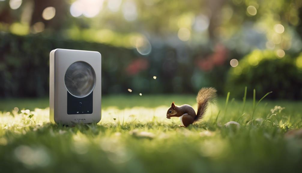 A squirrel in a backyard being monitored with a alarm pet detection apparatus