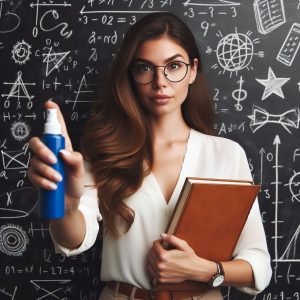 Teacher holding a can of pepper spray for protection