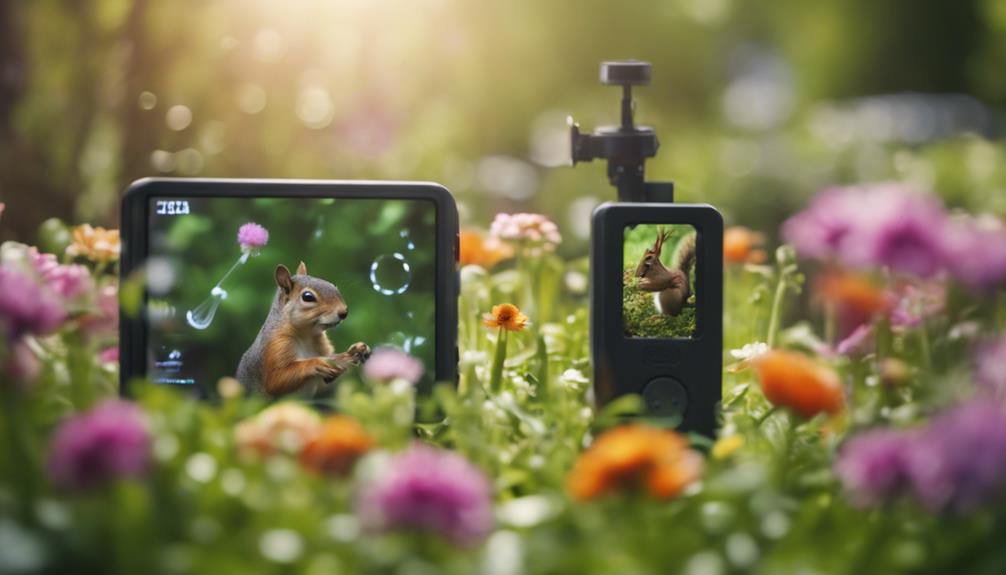 An animal repellent device is shown on top of a lawn along with a video tablet