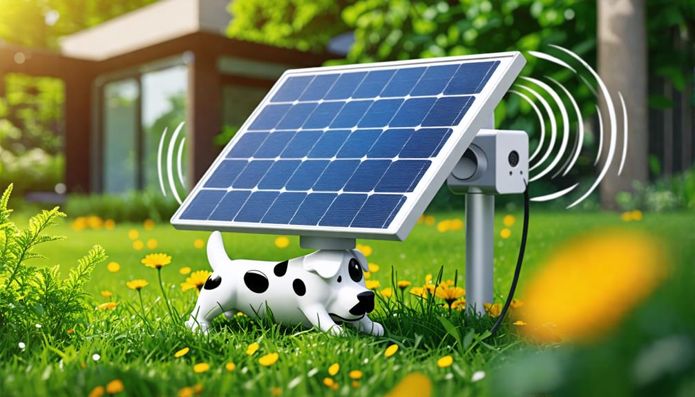 A solar panel outside next to a dog