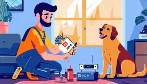 A cartoon image of a man with his dog next to a barking dog alarm