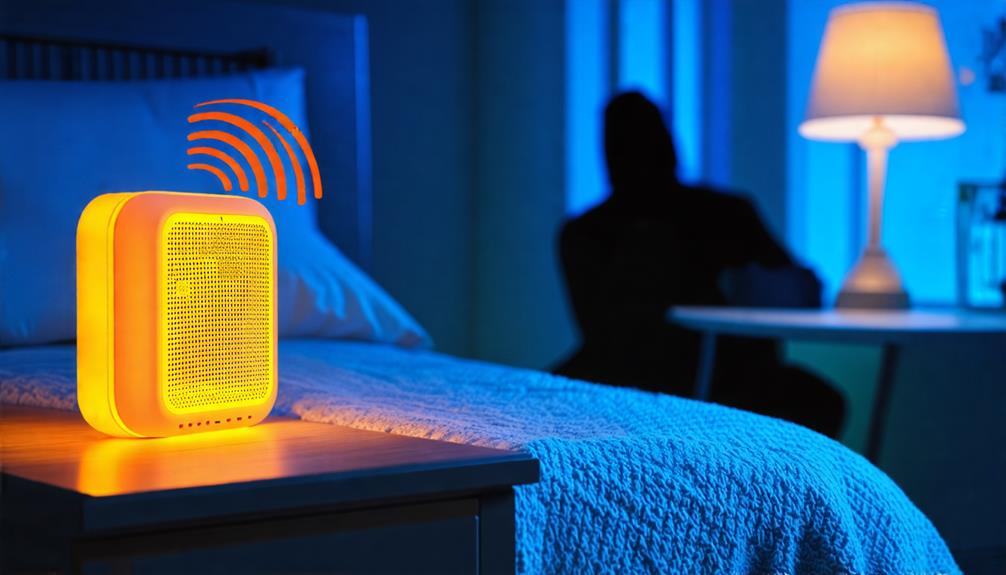 A barking dog alarm on top of a table inside a motel room