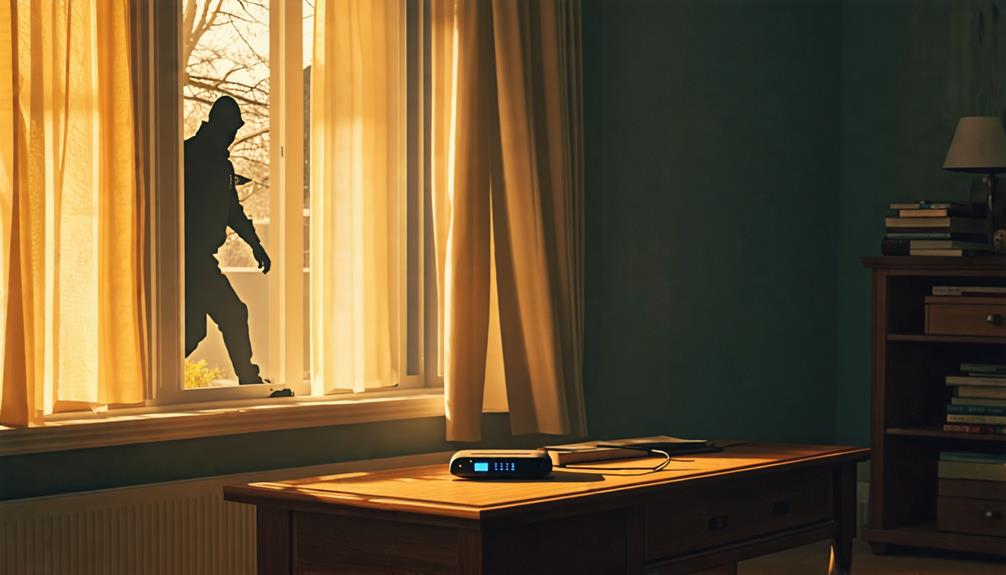 Man walking outside the window and an alarm is activated on top of a table inside a room