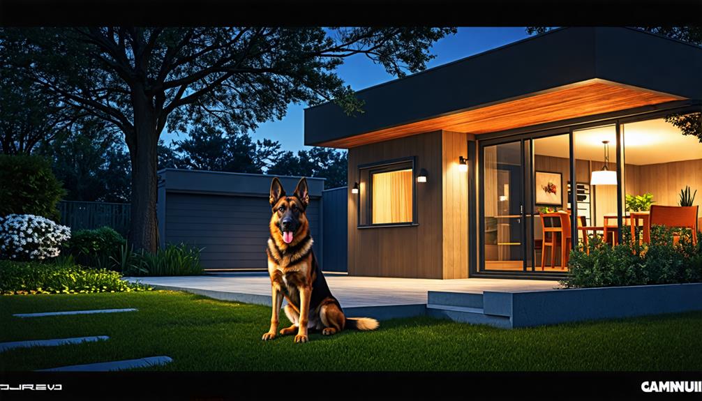 A dog sitting on the front yard at night