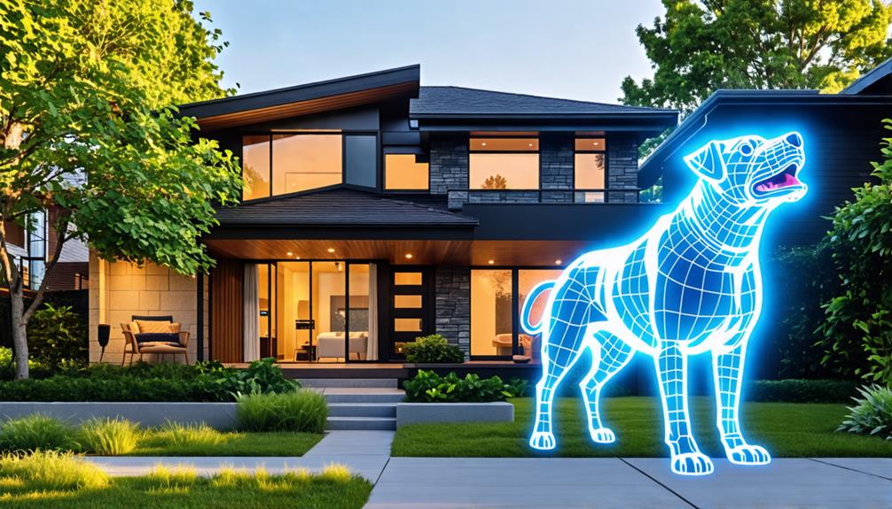 A holographic blue dog outside front yard of a house