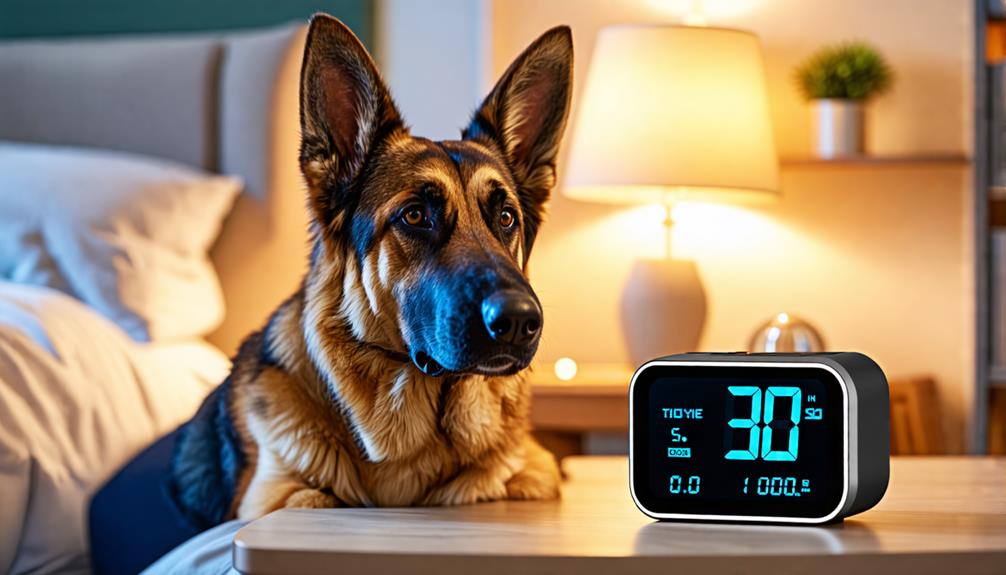 Dog sitting next to an alarm