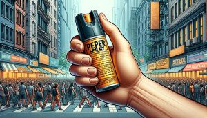 A hand holding a can of pepper spray outside