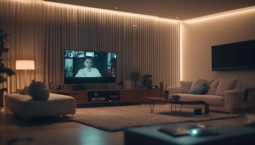 A TV is playing in a living room with a security monitoring device light on