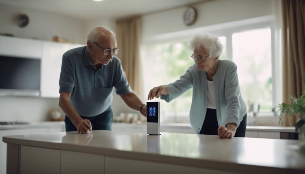 Two elder people looking at a home security camera sitting on top of the counter.