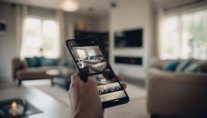 A man monitoring inside his house with a smartphone