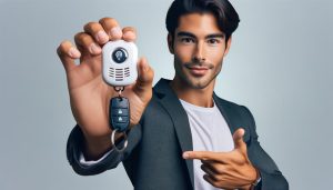 A man holding a white personal safety alarm in the air