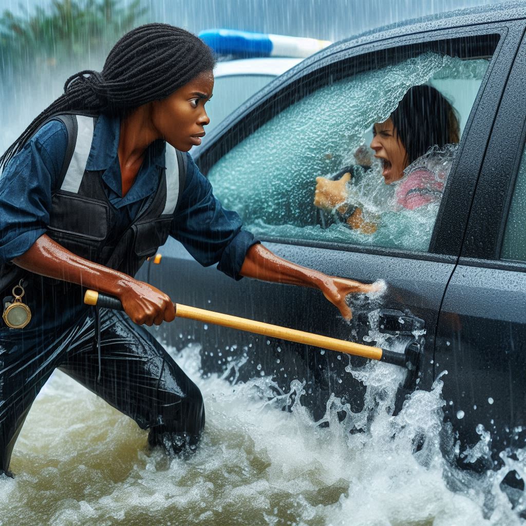 A black woman helping someone in trouble in a car with a kubaton