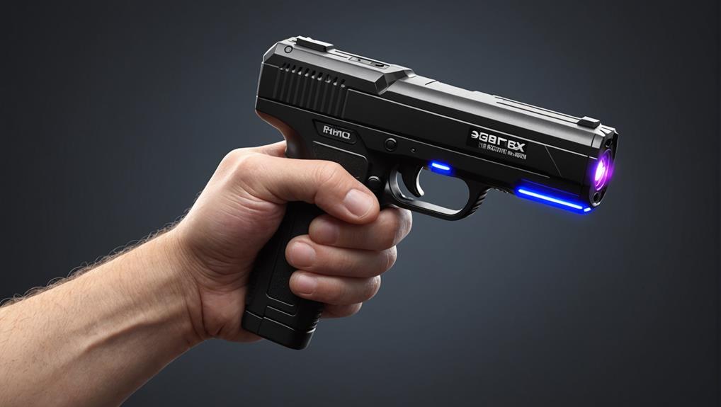 Stun guns are legal in many states and here a man is holding one for self defense