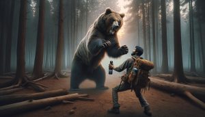 A hiker spraying a bear with mace spray for protection