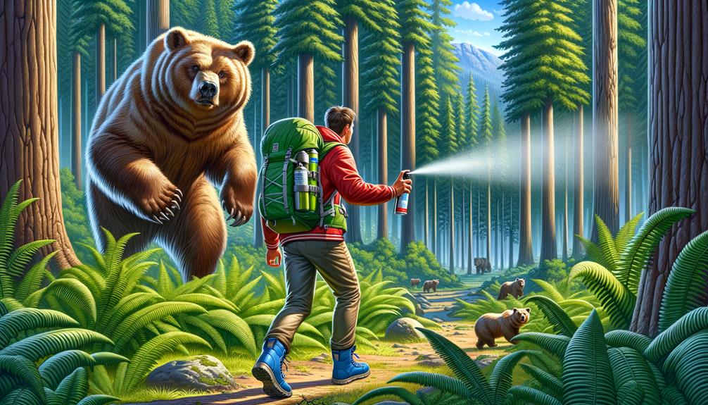 Man spraying mace outside while hiking to defend against a bear