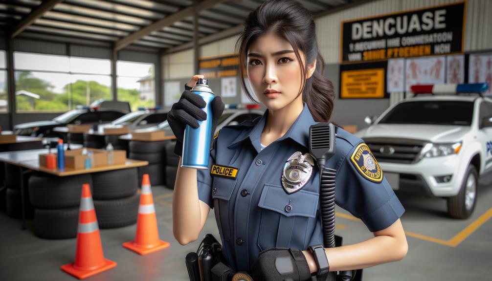 A woman police officer is holding a can of pepper spray inside a police station parking