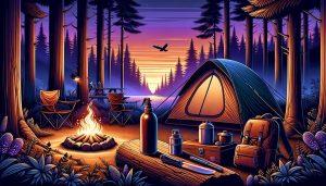 An image of a campground at night in the middle of the woods