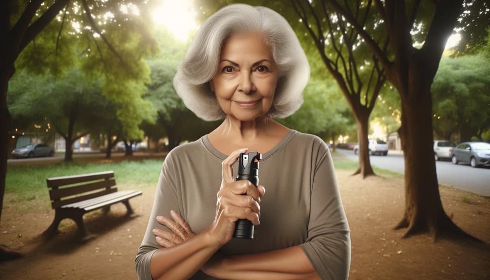 An elderly woman holding a can of mace spray while walking outside