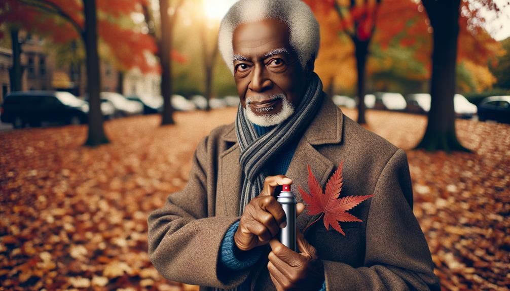 A black elderly man is holding a can of pepper spray outside