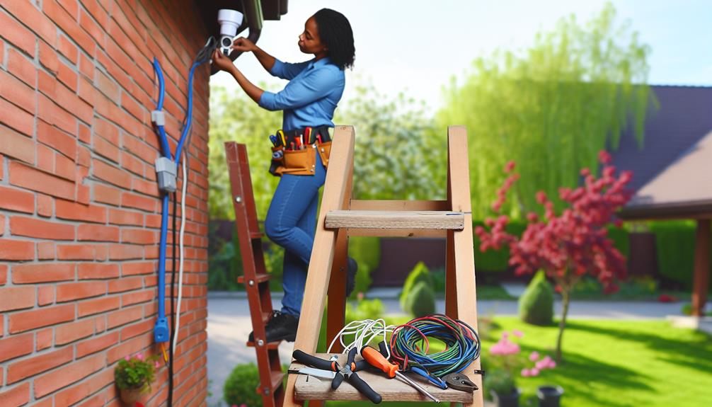 A woman on a latter fixing the gutters with a motion detection camera looking at her