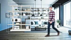 A man walking in a room full of motion detection cameras